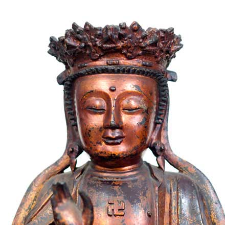铜胎髹金漆地藏菩萨像，局部